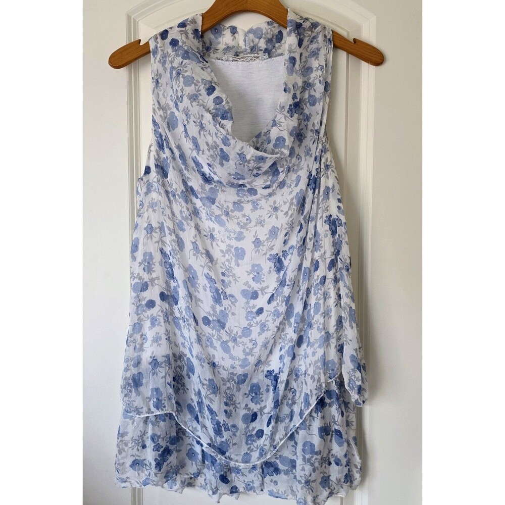 COSMO Made In Italy Blue Floral Romantic Cowl Neck Tunic Top Layered Hem M